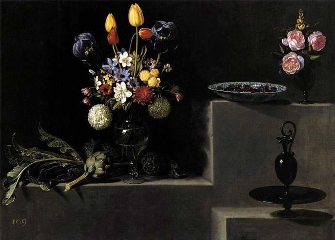 Still Life with Flowers, Artichokes, Cherries and Glassware